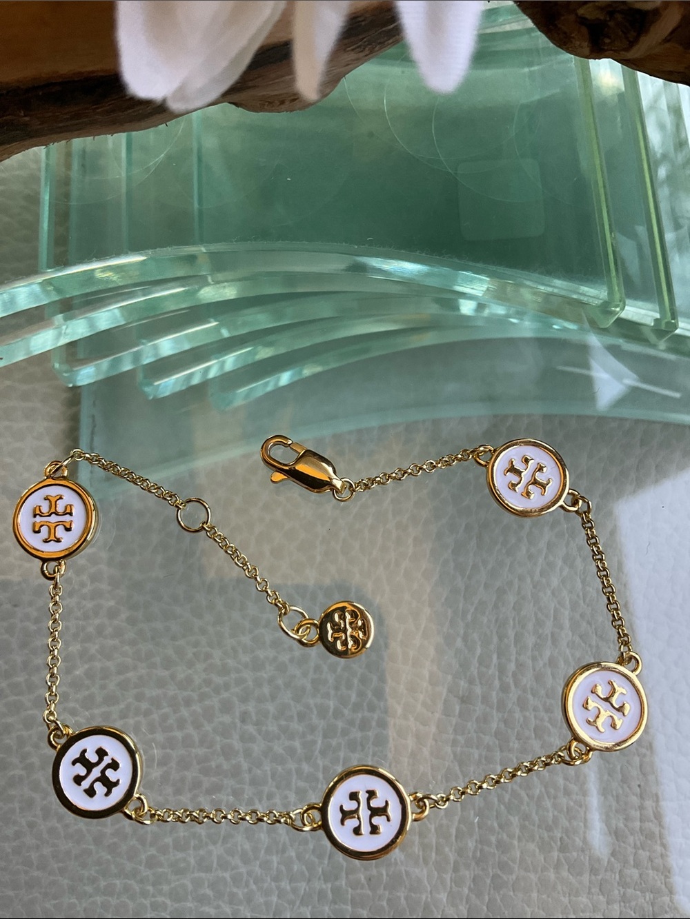 Tory Burch Gold Chain Bracelet with White Logo Medallions
